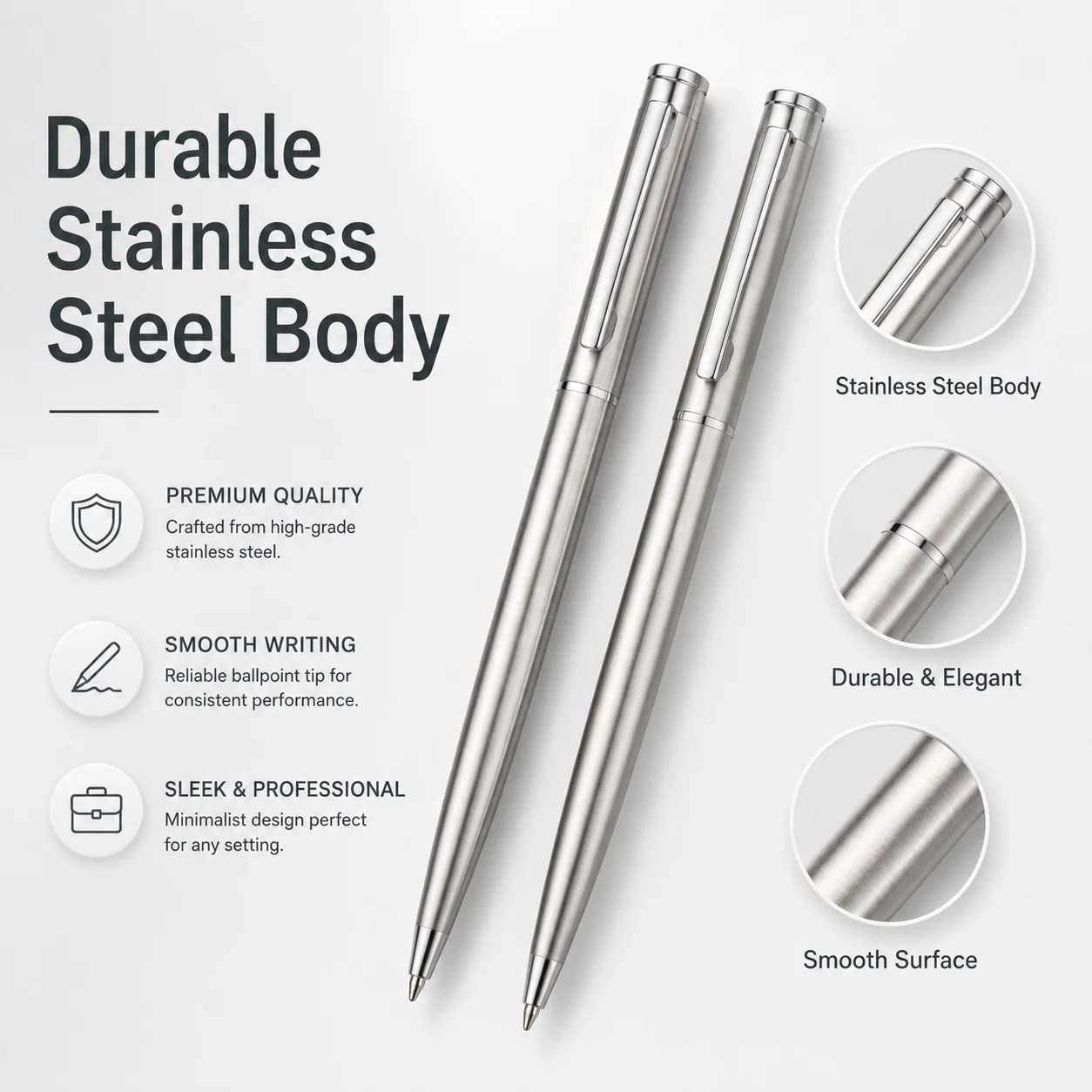 5 Pack Silver Stainless Steel Ballpoint Pen 1mm Medium Point Smooth Twist Ink