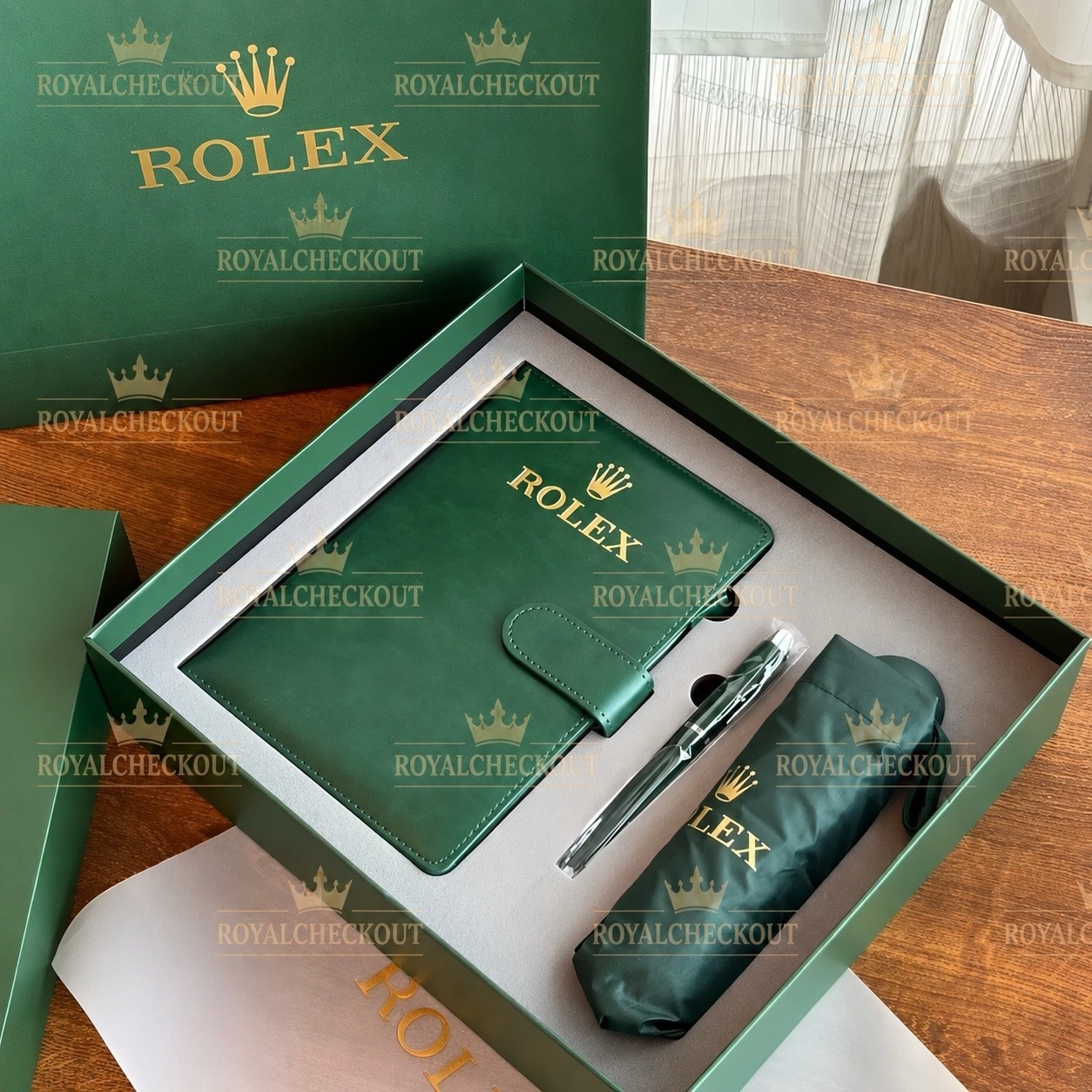 ROLEX Green Gift Set Notebook Ballpoint Pen Folding Umbrella Luxury Gift Box NEW
