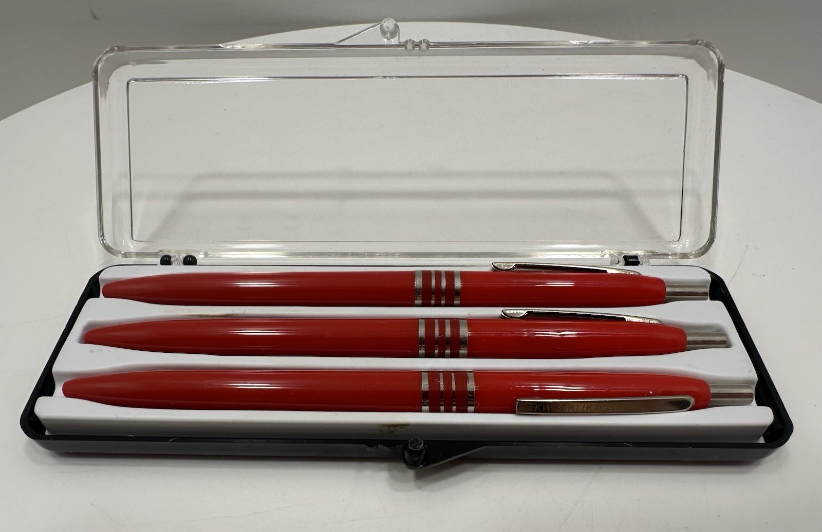 VINTAGE *NEW* Set of 3 Kwik Klik Ballpoint Pens in Case Red/Silver USA