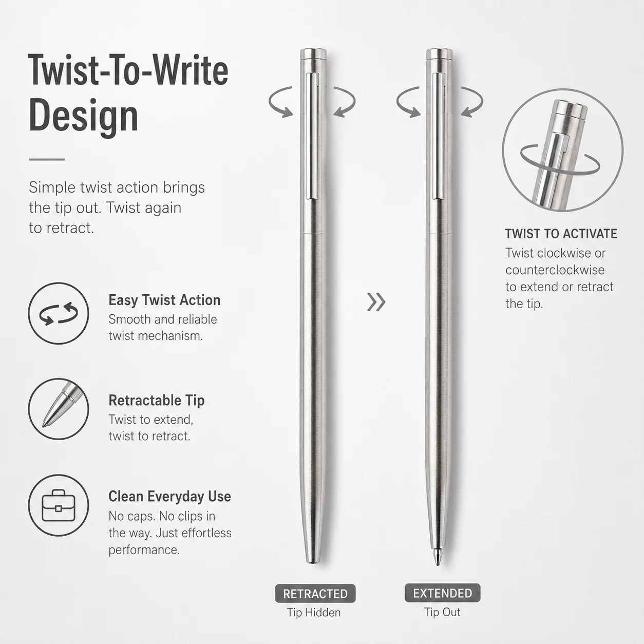 5 Pack Silver Stainless Steel Ballpoint Pen 1mm Medium Point Smooth Twist Ink