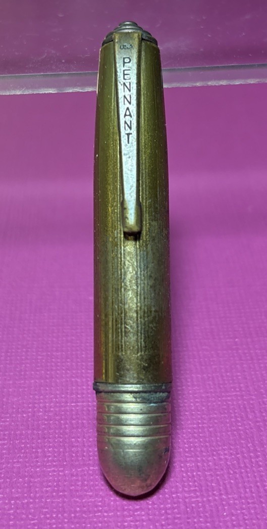 Vintage Pennant, USA, Bullet Ballpoint Pen, Blue Ink, Brass Plated Clip, 3 In.
