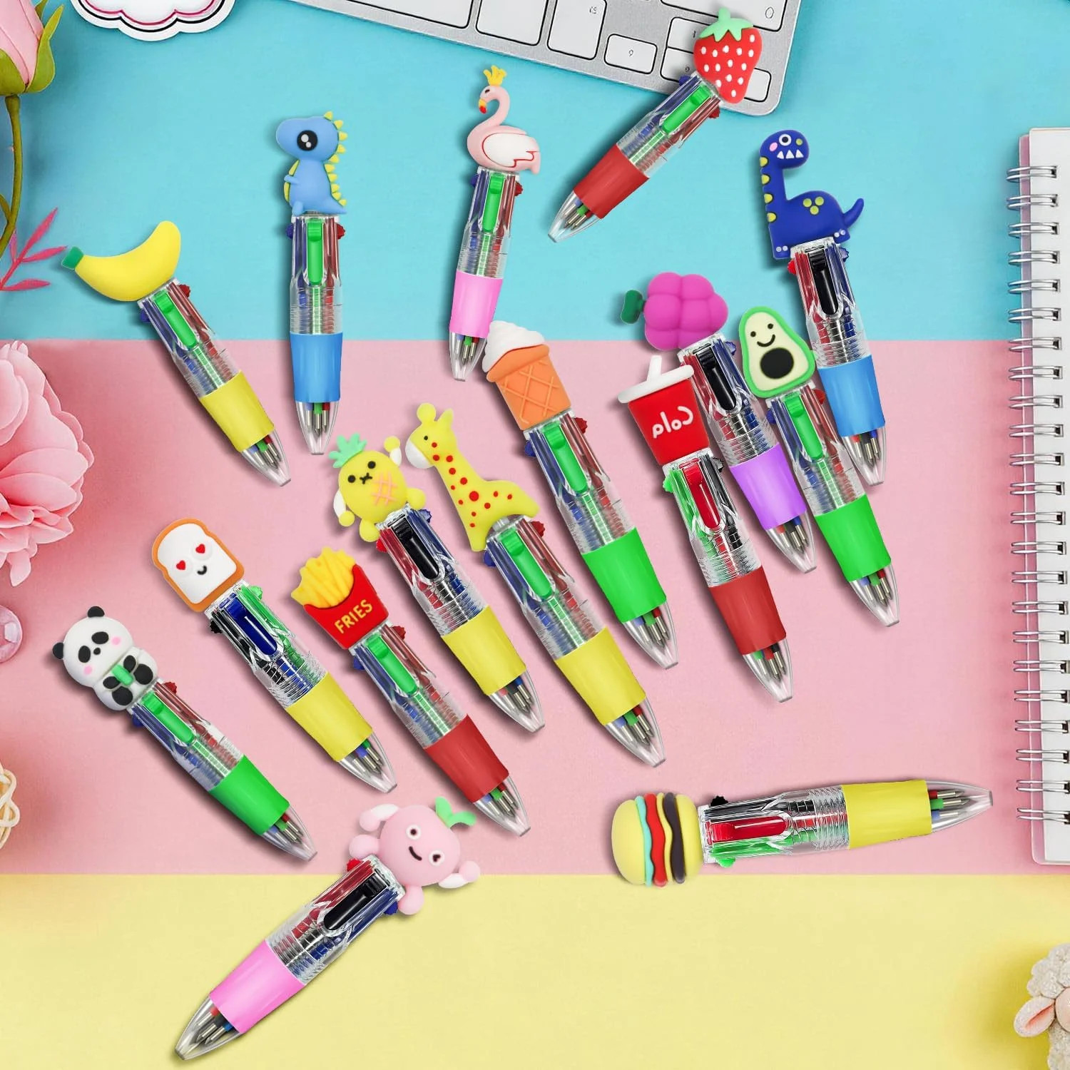 24Pcs Mini Multicolor Pens in One, 4-in-1 Cute Pens Bulk for Party Favors and Bi