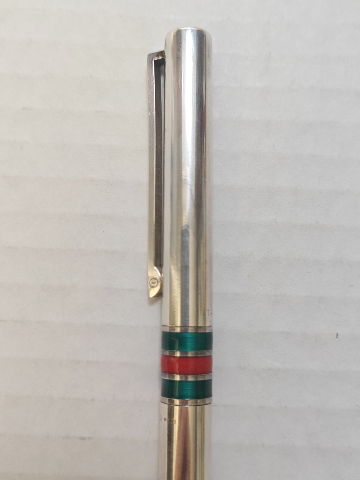 Vintage 1970’s Gucci Sterling Silver Red Green Enamel Stripes Pen W/ Box Italy