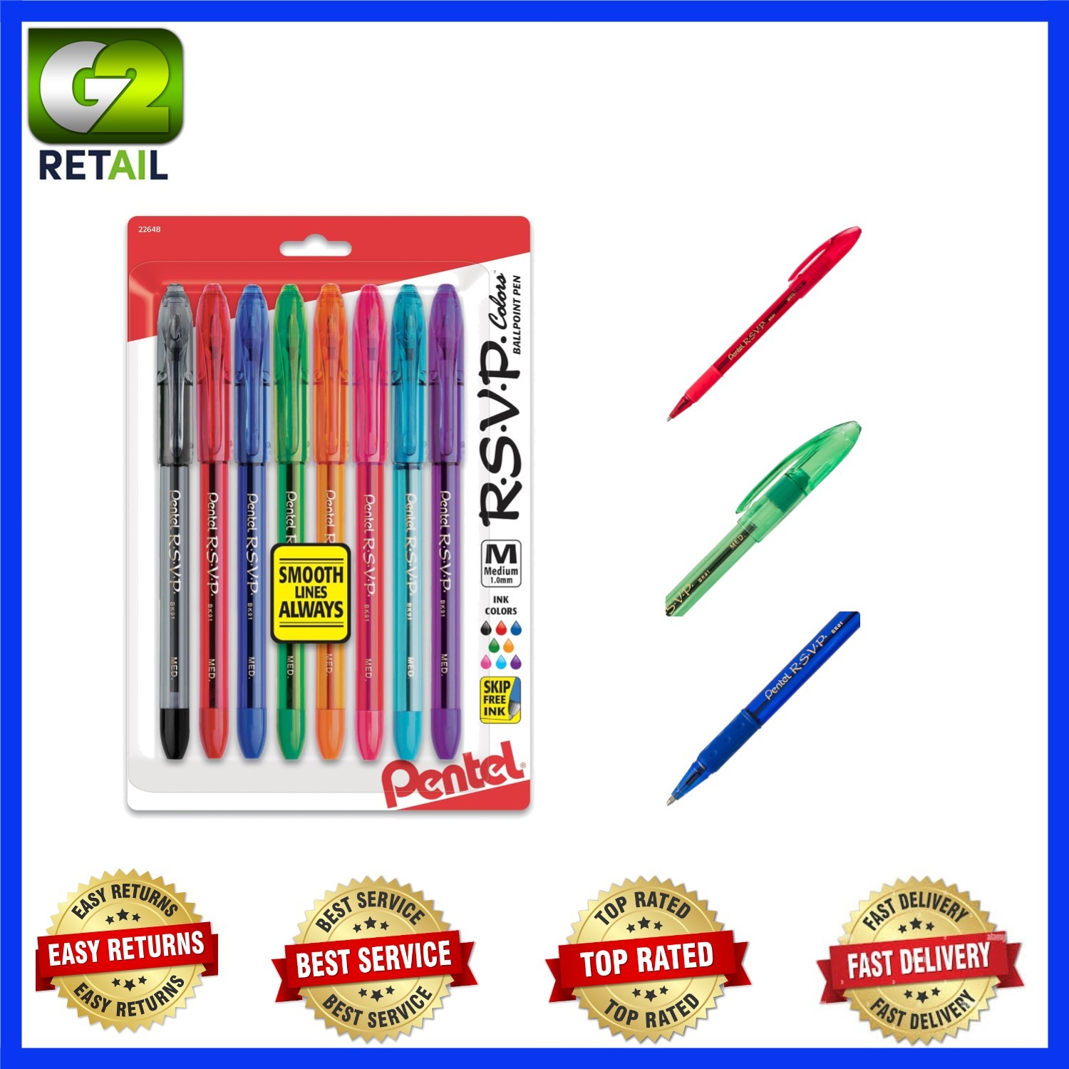 Ergonomic Ballpoint Pens – 1mm, Assorted Barrels, 8 Count for Stylish Writing