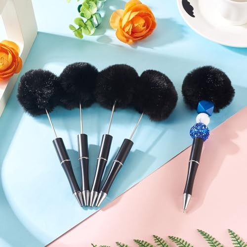 10 Pcs Fluffy Beadable Pens Plush Ball Beaded Pens,Fancy Fuzzy Pom Pom Black
