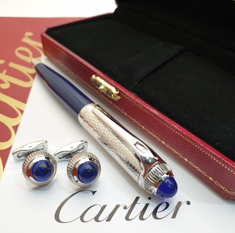 Cartier Iced Blue Guilloche Ballpoint Pen Writing Instrument with Box NIB
