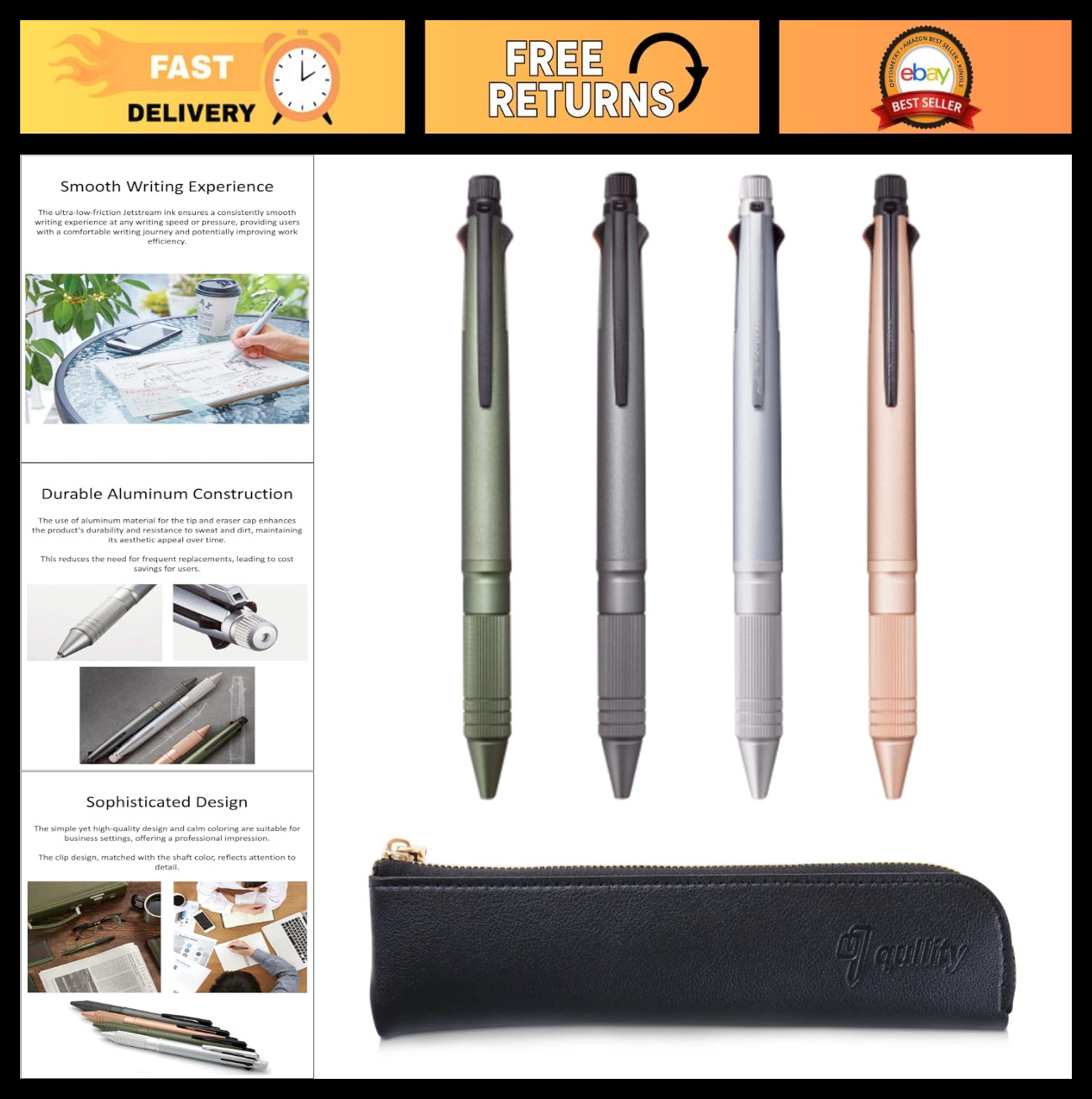 Multifunction 4-in-1 Metal Pen Set – Black, Red, Blue, Green & Mechanical Pencil
