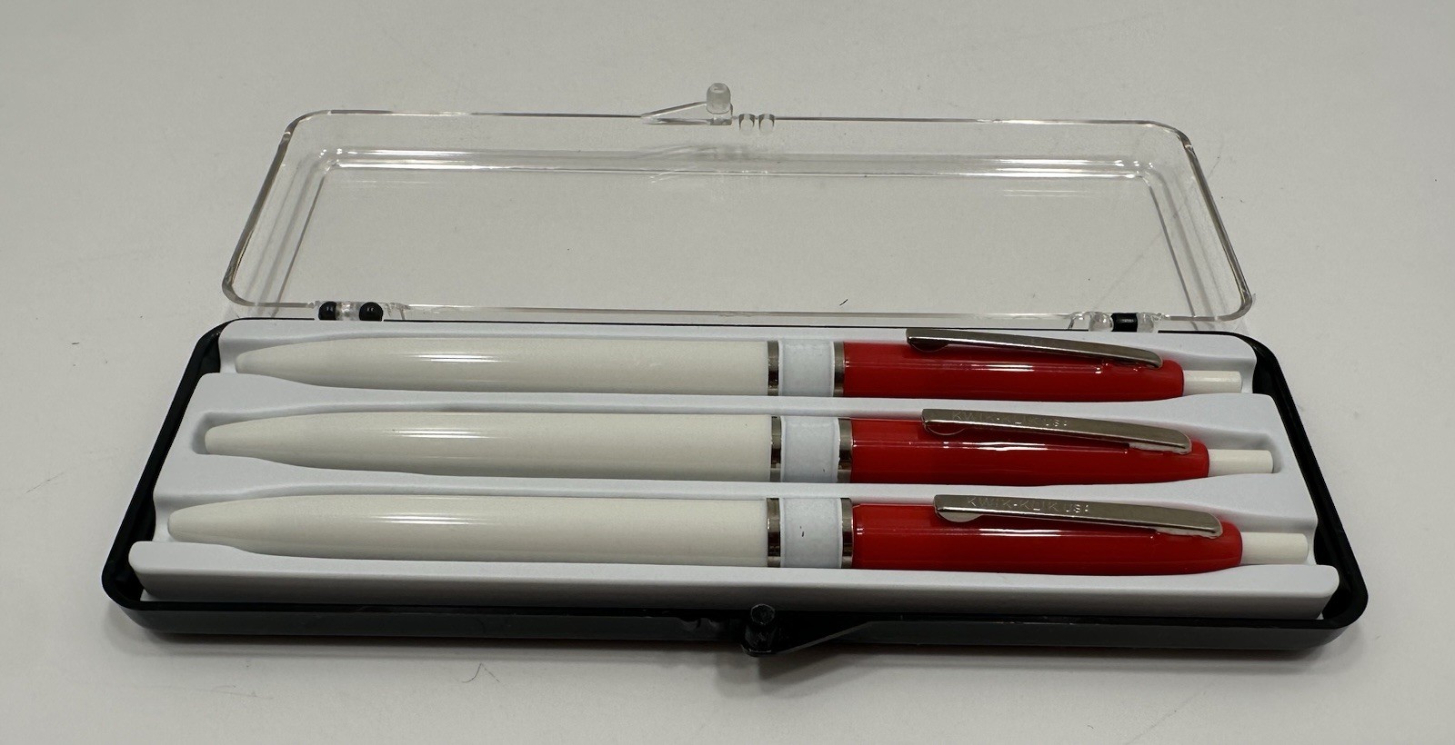 VINTAGE *NEW* Set of 3 Kwik Klik Ballpoint Pens in Case Red/White USA