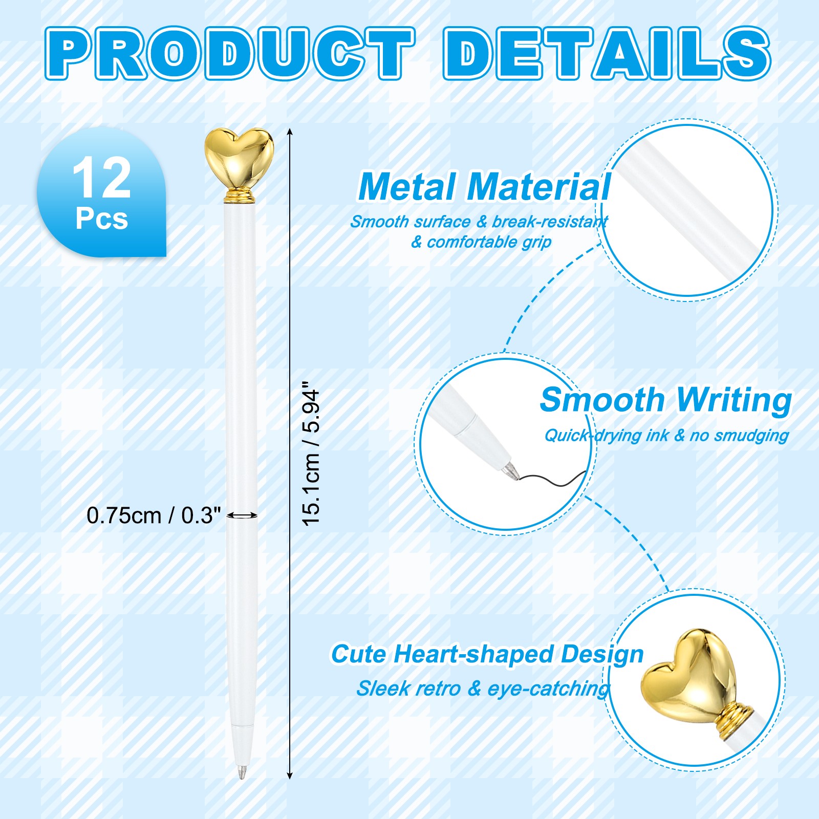 Heart Pens 1.0 mm Black Ink, 12 Pcs Metal Cute Pens Ballpoint, White/Gold