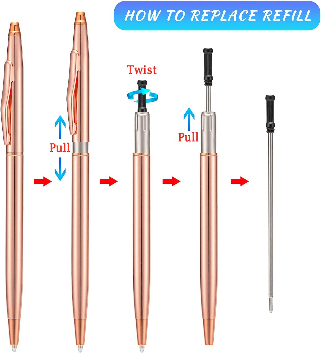 6 Pieces Rose Gold Slim Metal Ballpoint Pen, 1Mm Medium Point Black Ink