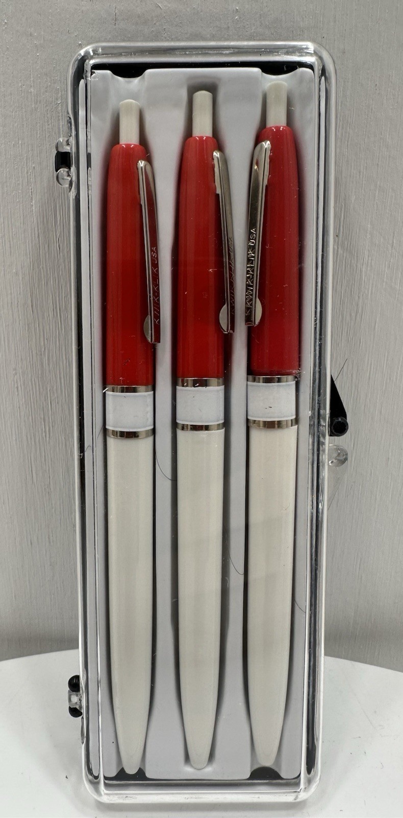 VINTAGE *NEW* Set of 3 Kwik Klik Ballpoint Pens in Case Red/White USA
