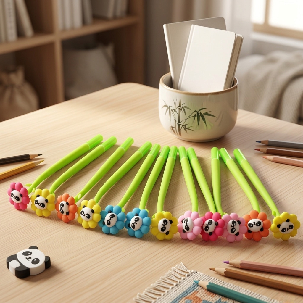 Cute Panda & Floral Silicone Gel Ink Pens Multicolor Wobble Pens Set of 12GIFT