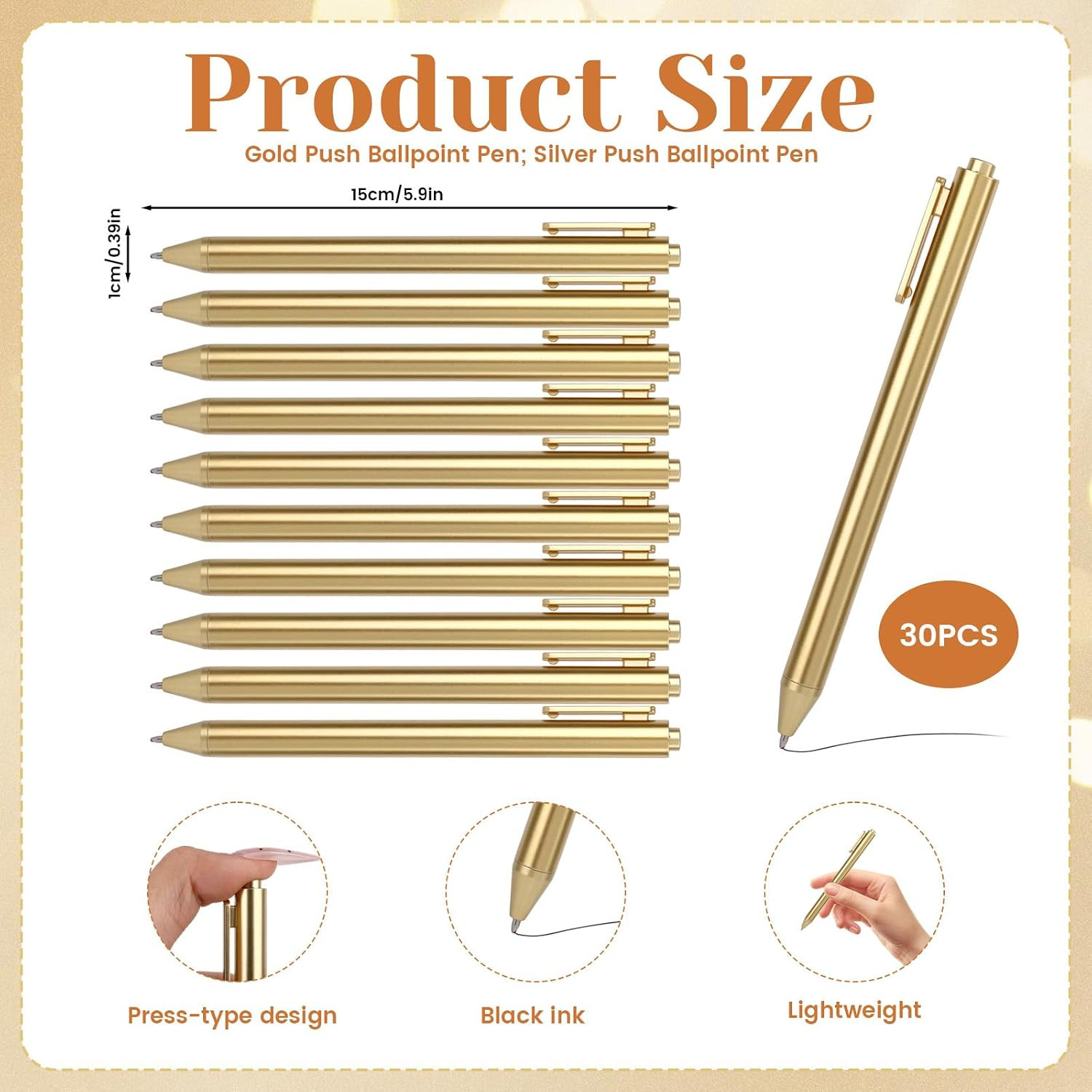 30 Pcs Gold Pens for Writing, Ballpoint Nice Pens Black Ink, Slim Ballpoint