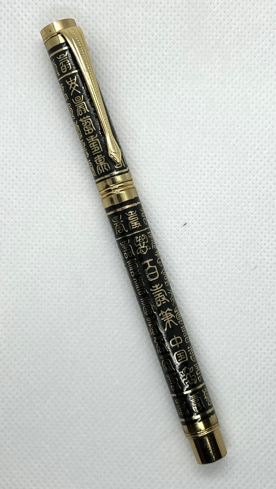 Shanghai Ballpoint Pen Ancient Script Gold Tone Black Enamel Refillable EX Cond.