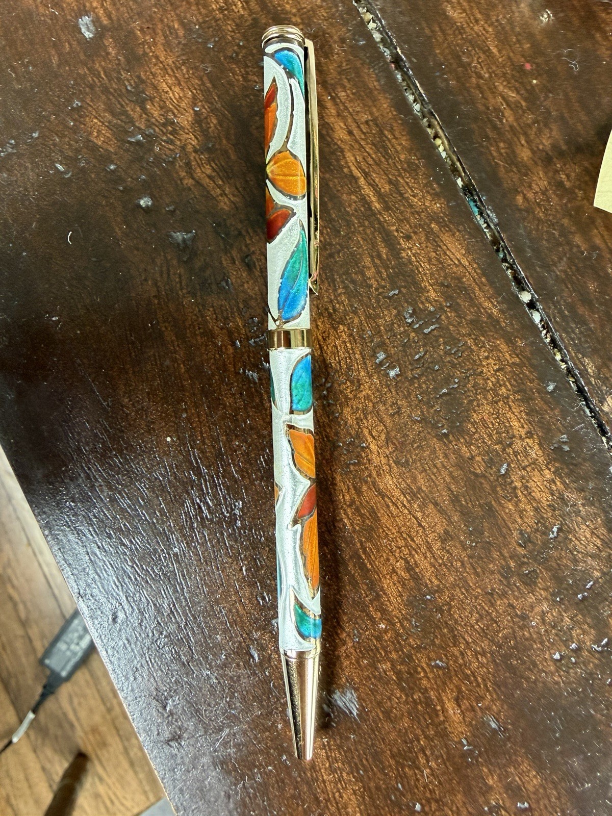 Vintage Cloisonne Enamel Ballpoint Pen Cattleya Floral Gift Set NOS