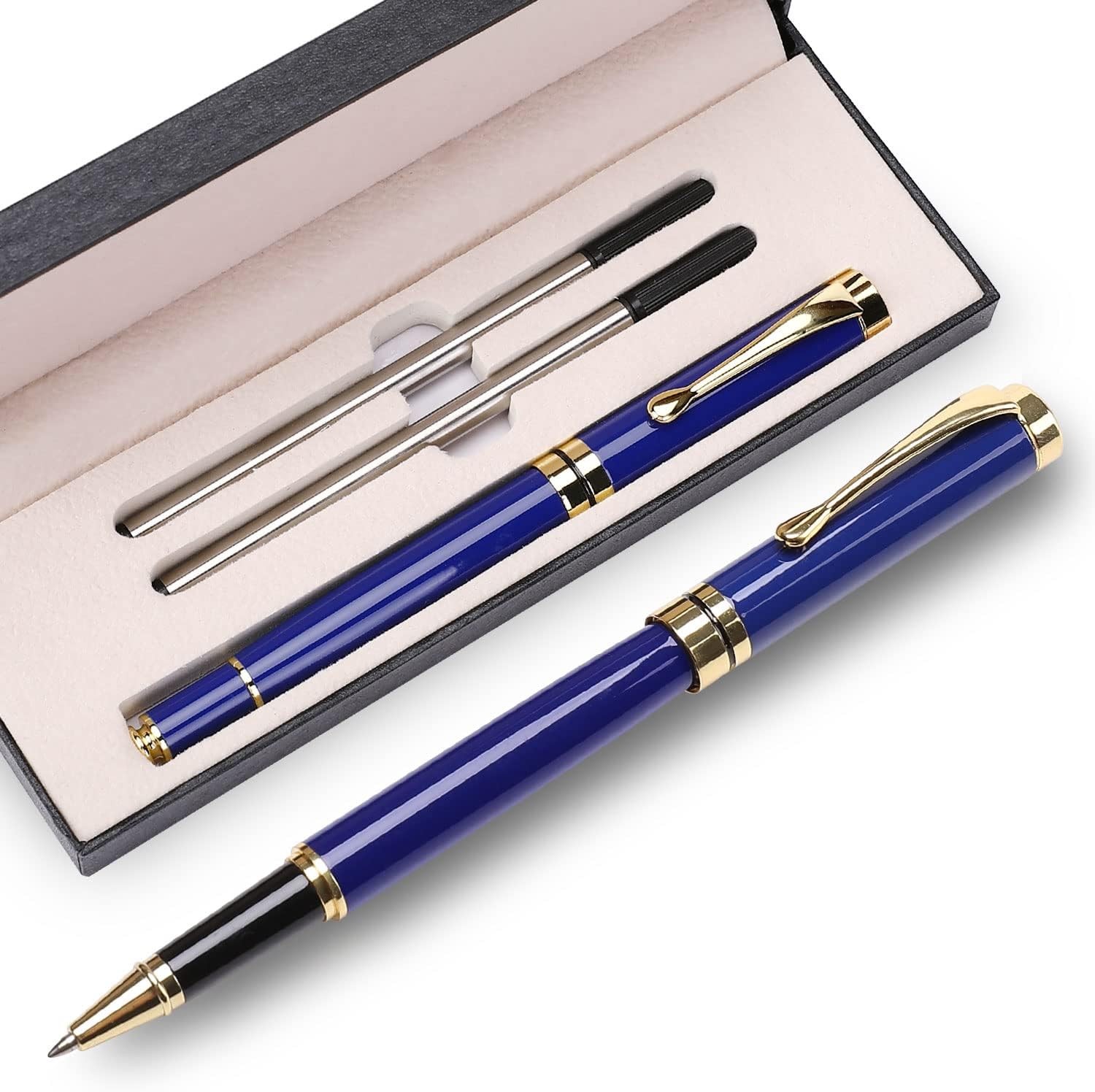 Elegant Blue Gold Ballpoint Pen Gift Set, Smooth Writing Pen for Office & Men