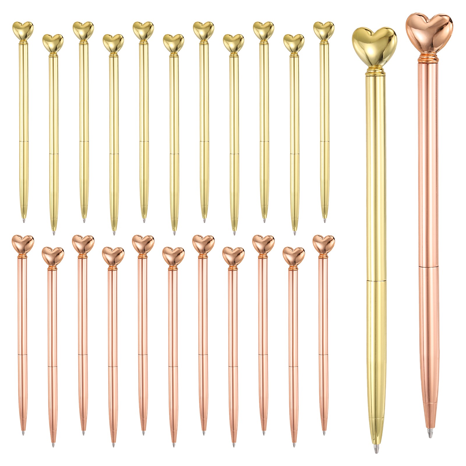 Heart Pens 1.0 mm Black Ink 24 Pcs Metal Cute Pens, Rose Gold/Electroplated Gold