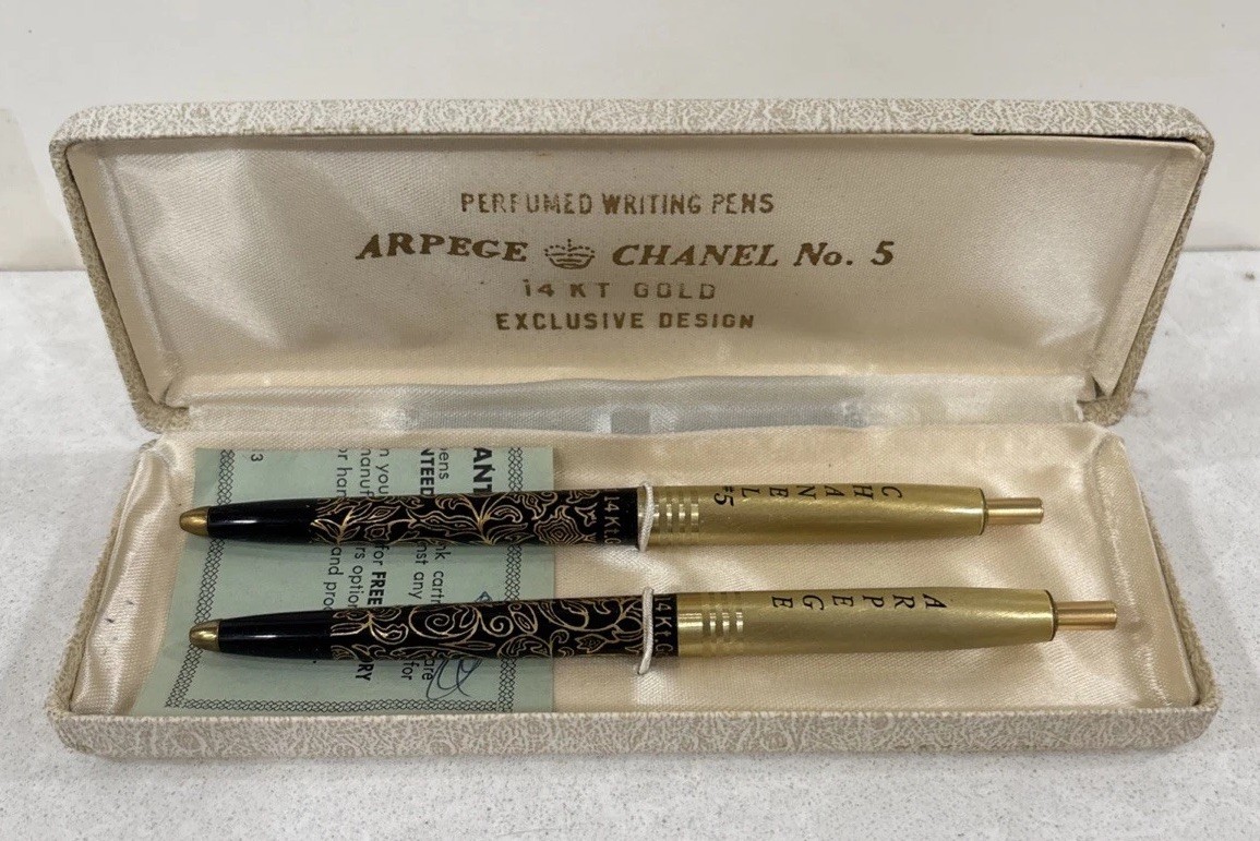Arpege CHANEL No 5 Ballpoint Pen Set Vintage 14kt Gold Perfume Writing Pens