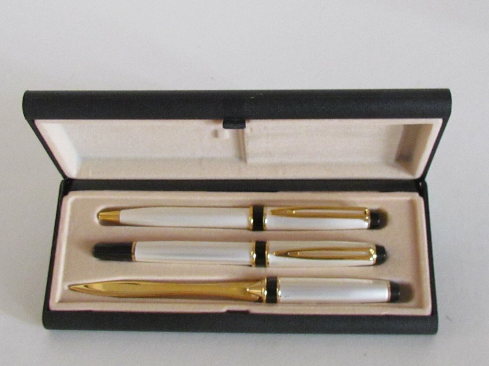 Unisex Pen/Letter Opener White Metallic Gold Tone/Black Detail in Box