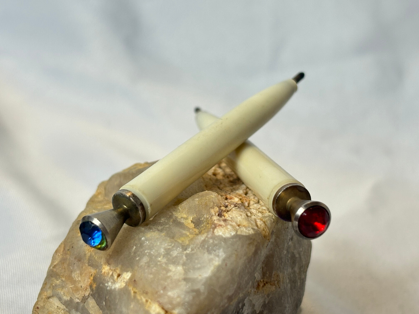 Vtg Mini Pens Novelty Purse Ballpoint Celluloid Faux Red & Blue Rhinestone Ends