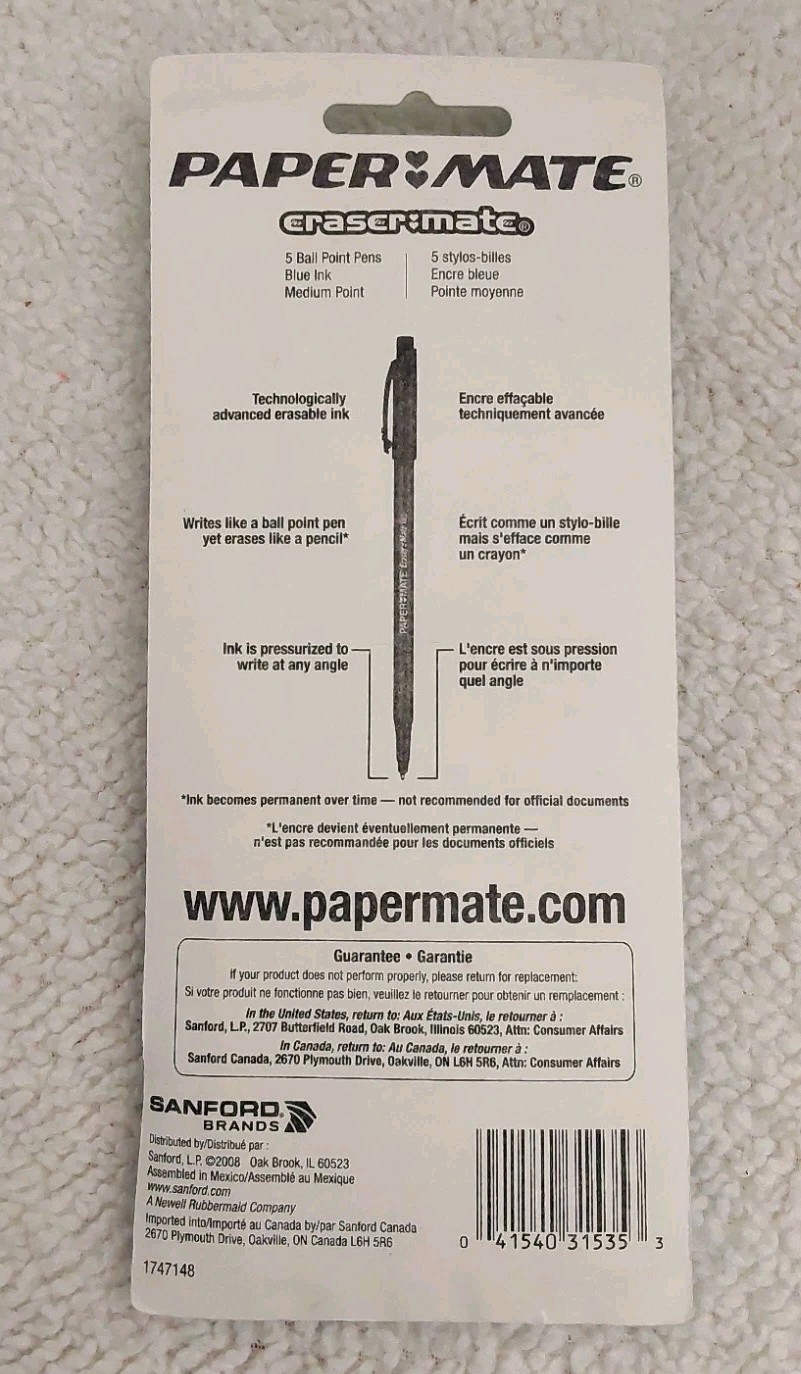 Paper Mate Erasable Ball Point Pens Blue Ink 1.0mm 2008 Sealed 31535