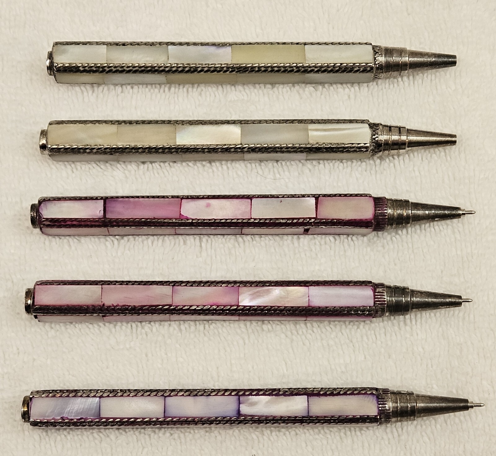 Mother of Pearl Square Pen, Lot of 5 – Pink (2), White, (2) Purple (1)