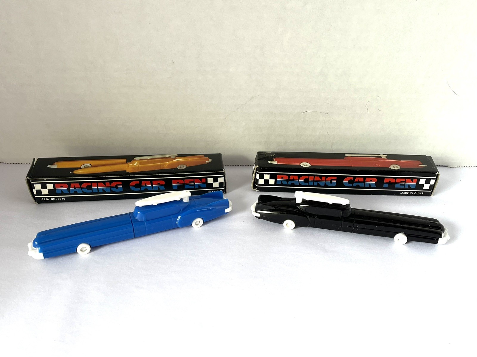 2 Vintage Racing Car Pens In Boxes Blue Black Ink Is Dry