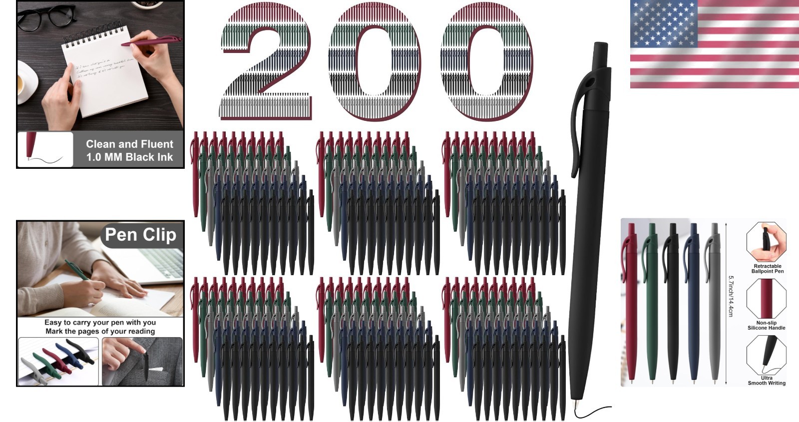 200 Bulk Retractable Black Ballpoint Pens
