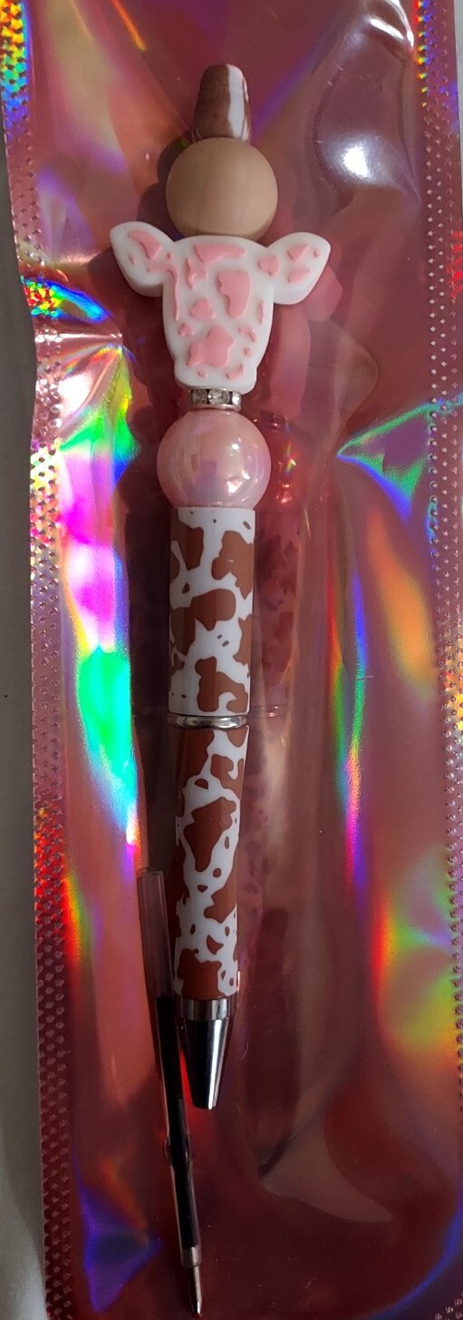 Pink Cow Head Beaded Pen, Brown Cow Print, Black Ink & Ink Refill – Great Gift