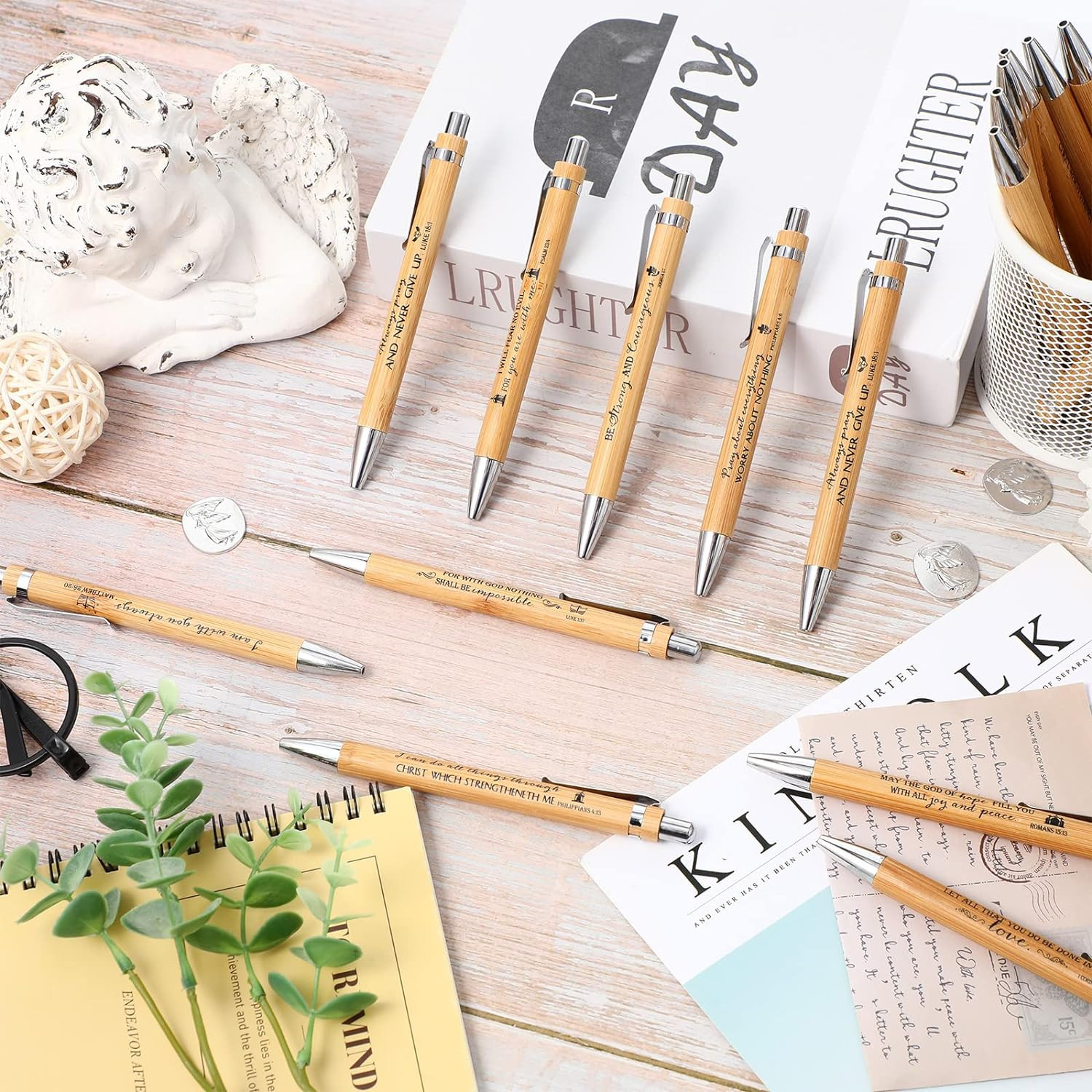 10 Pcs Bible Verse Pens Bamboo Christian Pen Wooden Retractable Bible Pen 1 mm I
