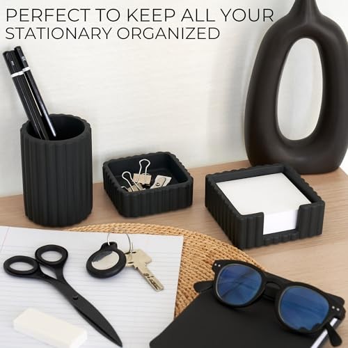 Modern Aesthetic Desk Accessories Set of 3 – Stylish Concrete Organizers Black