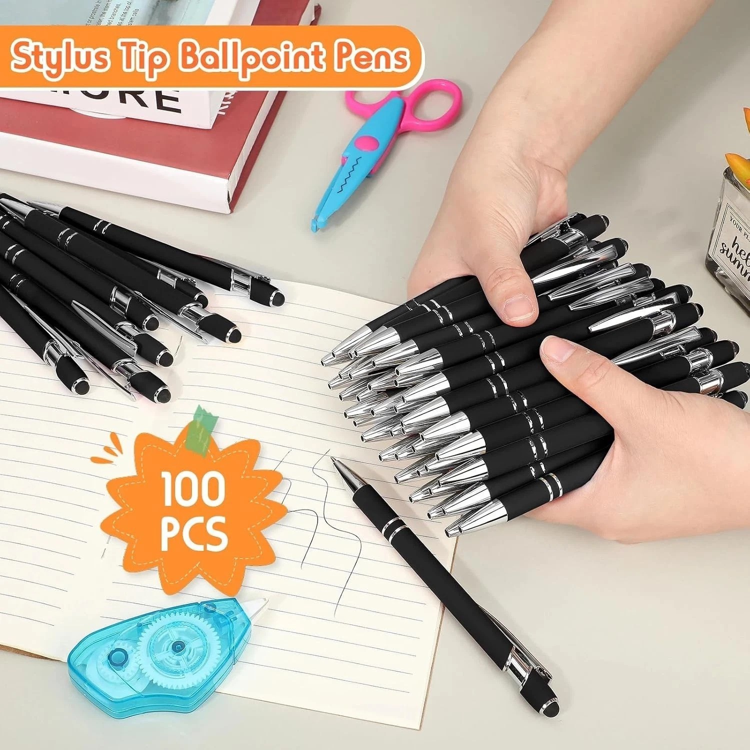 100pk Black Metal Ballpoint Pens w/ Stylus, Smooth 1.0mm Ink, Retractable Click