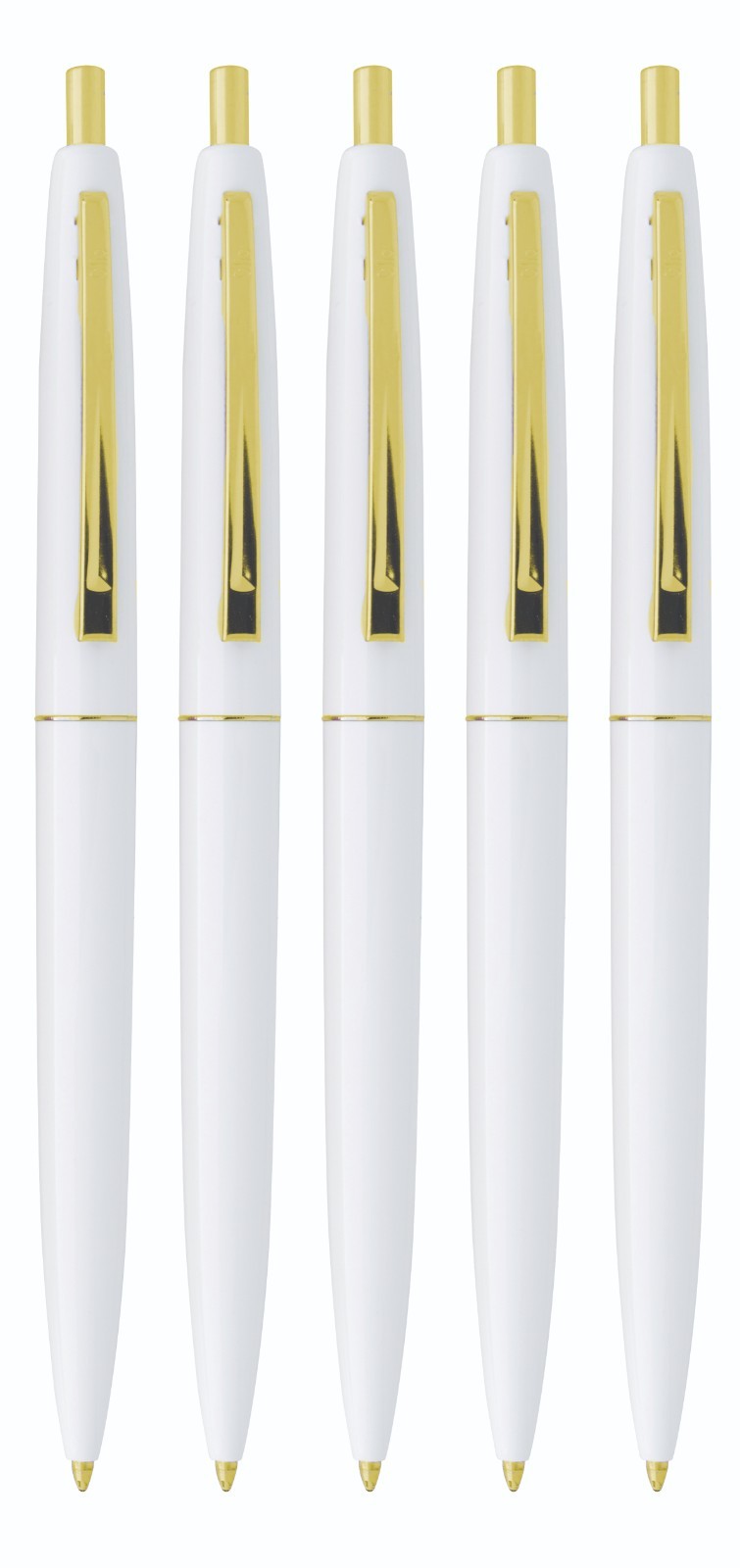 Profile of classic BIC® Clic® Pen. White body/Polished gold-plated trim. 5 pens