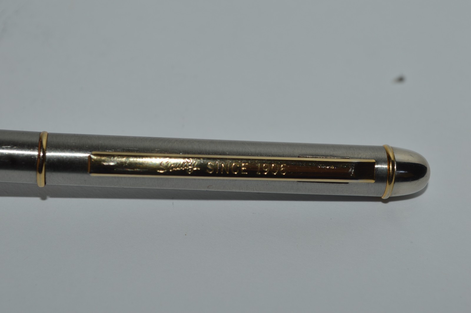 SCULLY SINCE 1906 Ball Pen Slim Brushed Stainless Steel Gold Trim Twist Action