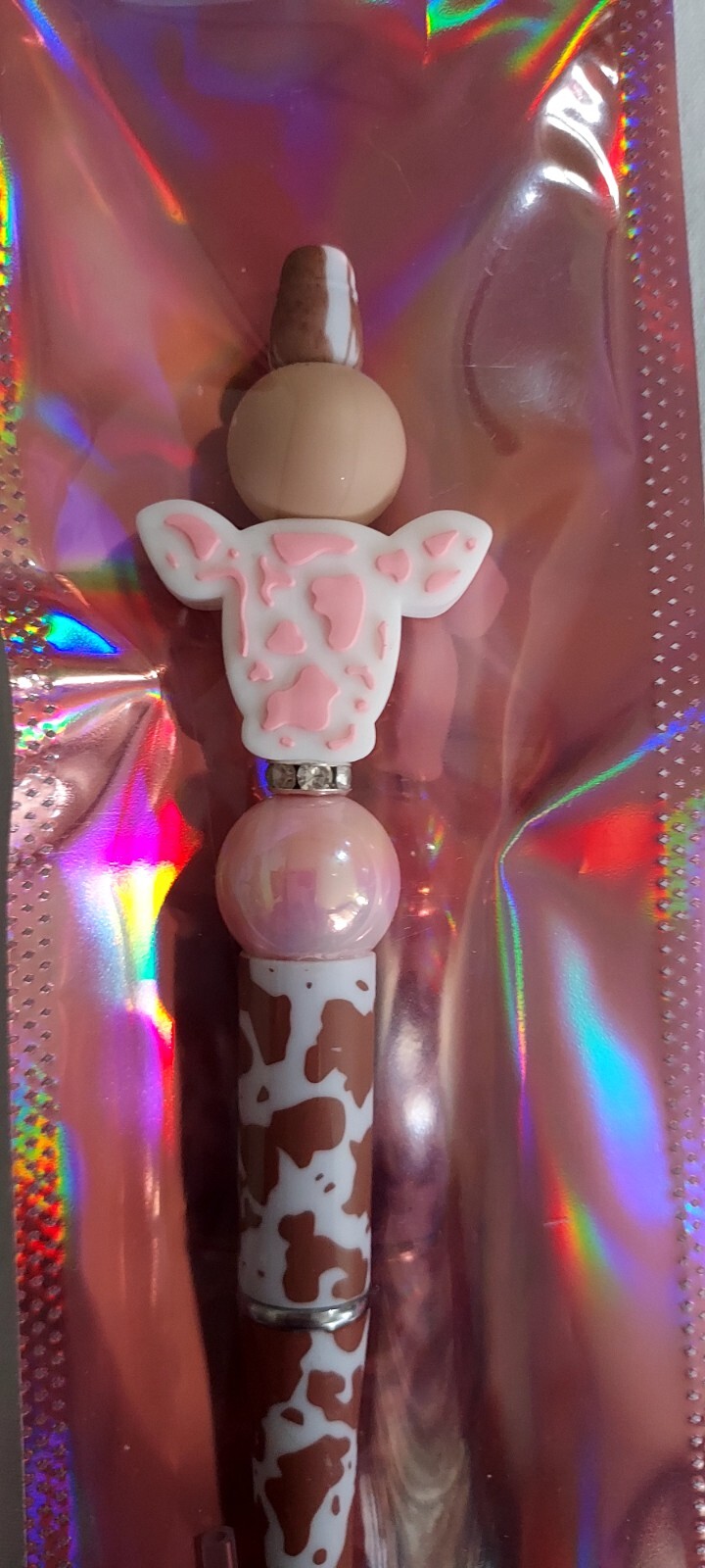 Pink Cow Head Beaded Pen, Brown Cow Print, Black Ink & Ink Refill – Great Gift