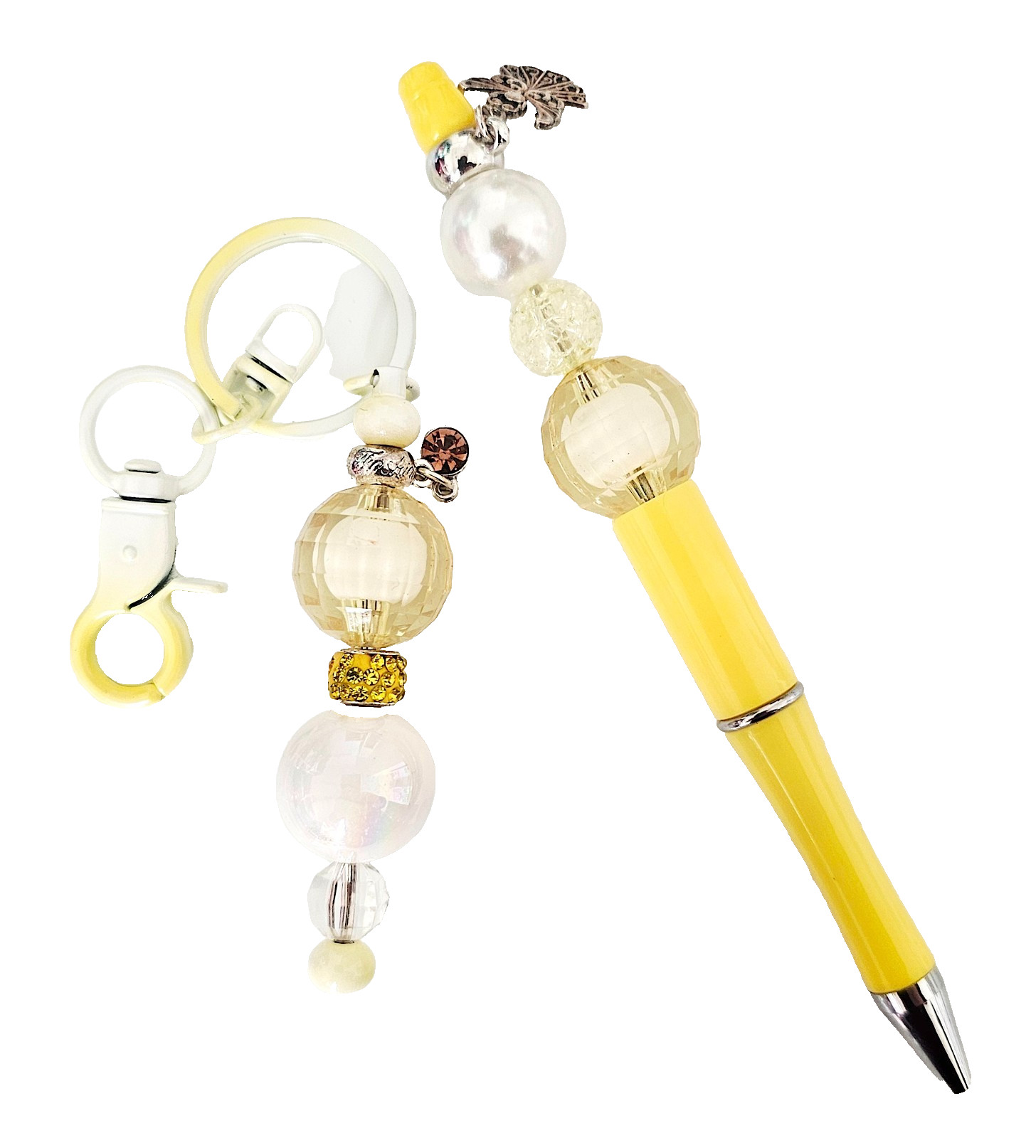 Yellow Pearl Bubble Bead Pen & Keychain Set, Angel Silver Charm, Gift Ideas, Key