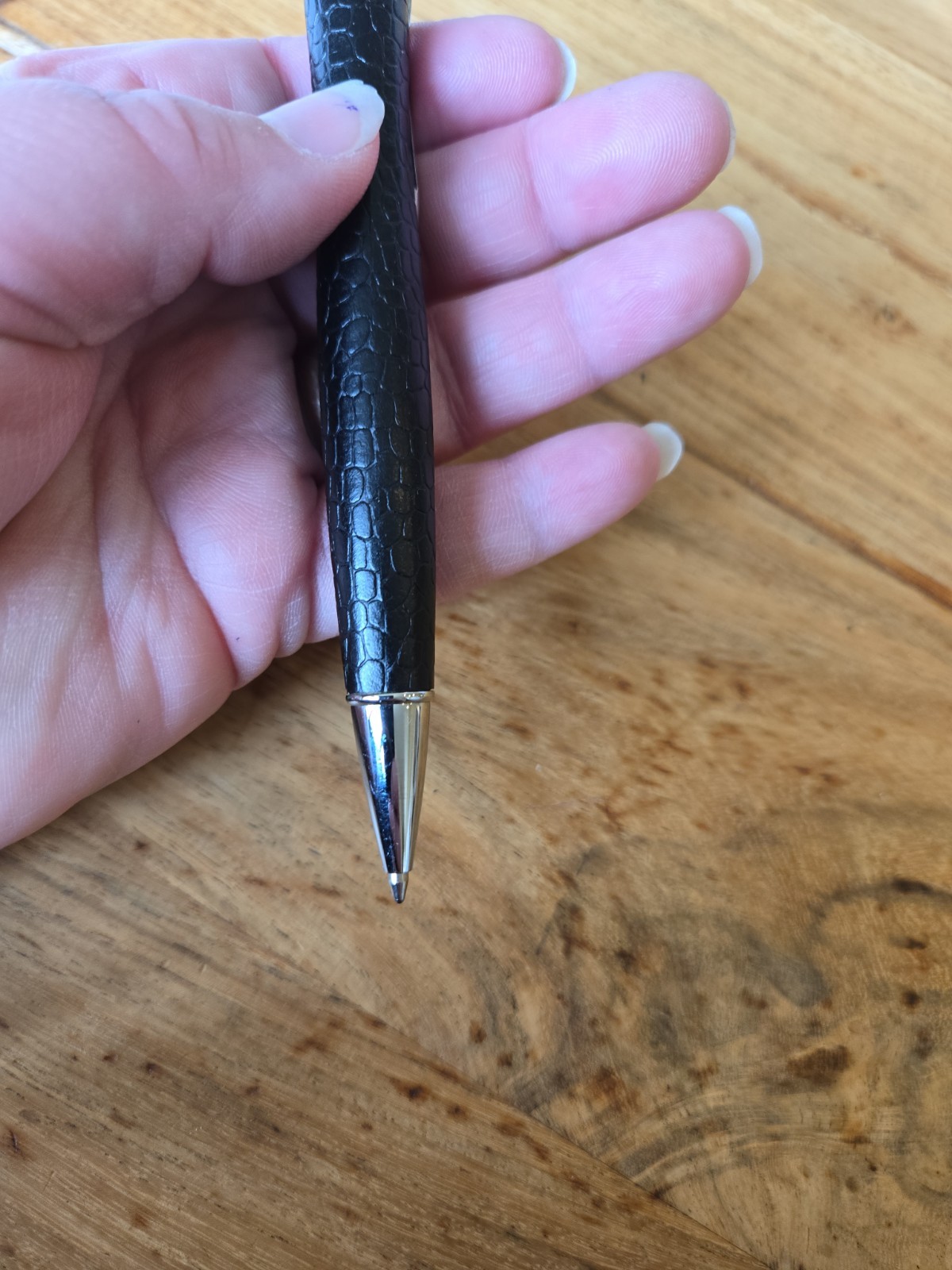 YAFA LATURIA Black LEATHER COVERED BALLPOINT PEN Ink CHROME TRIM FINE BLACK
