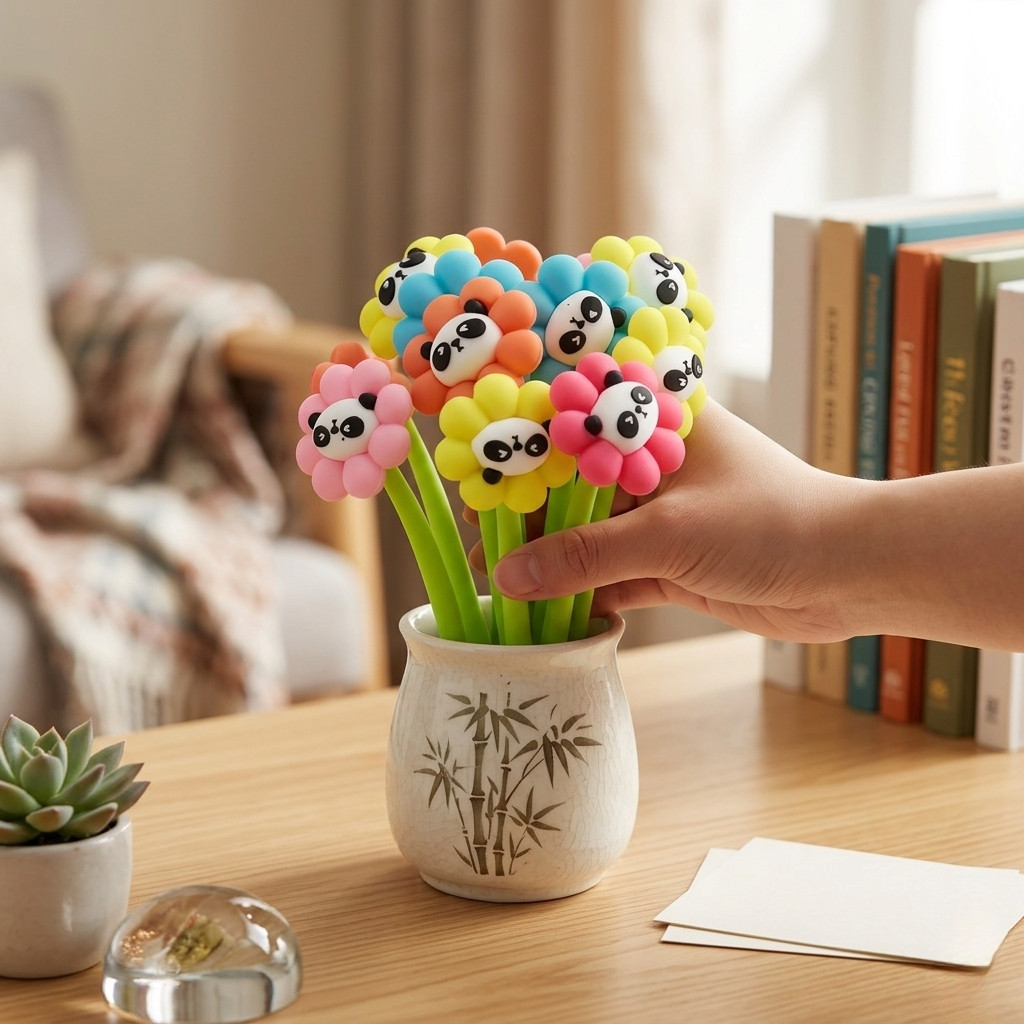 Cute Panda & Floral Silicone Gel Ink Pens Multicolor Wobble Pens Set of 12GIFT