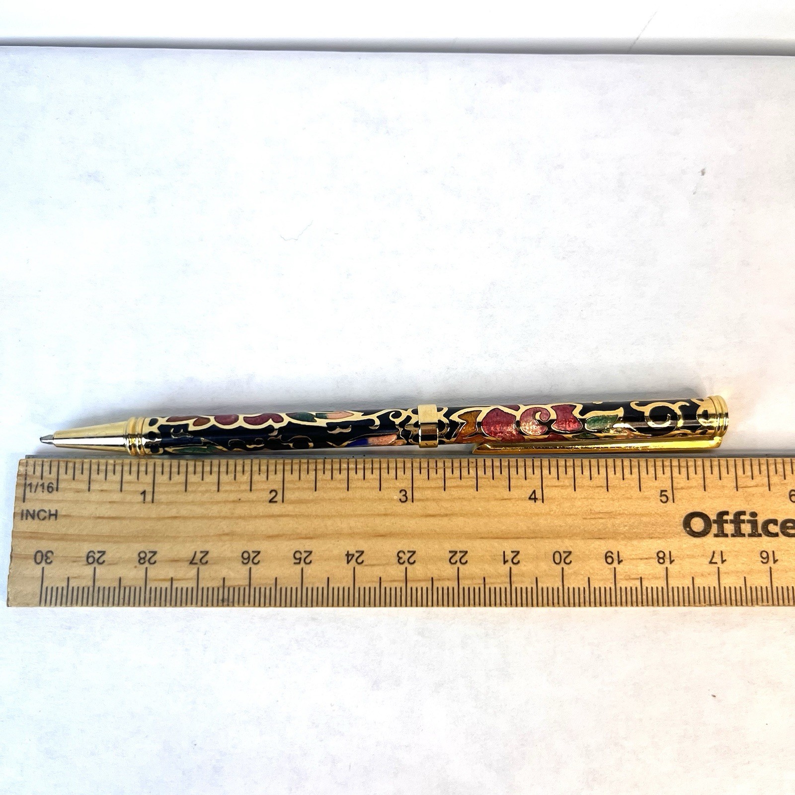 Vtg Asian Chinese Gold-tone Ball Point Pen w/ Cloisonne Enamel Floral Design (1)