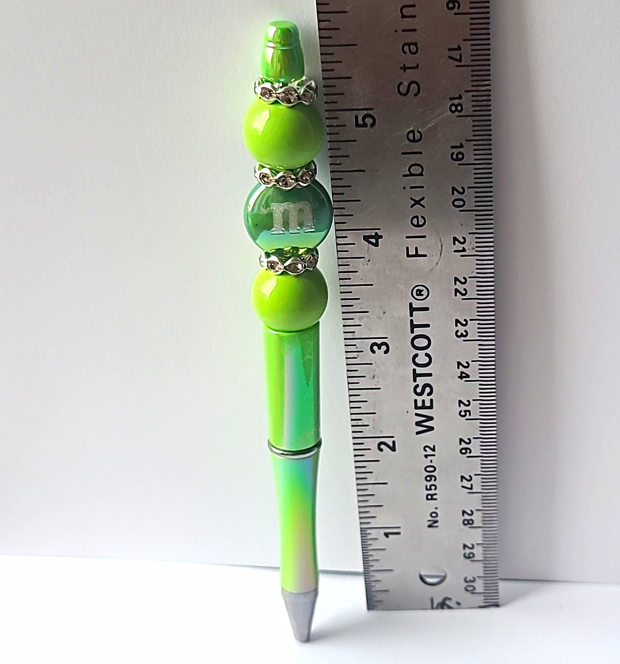 Green Plastic Ballpoint Pen, Beaded, Silver Trim, Black Ink
