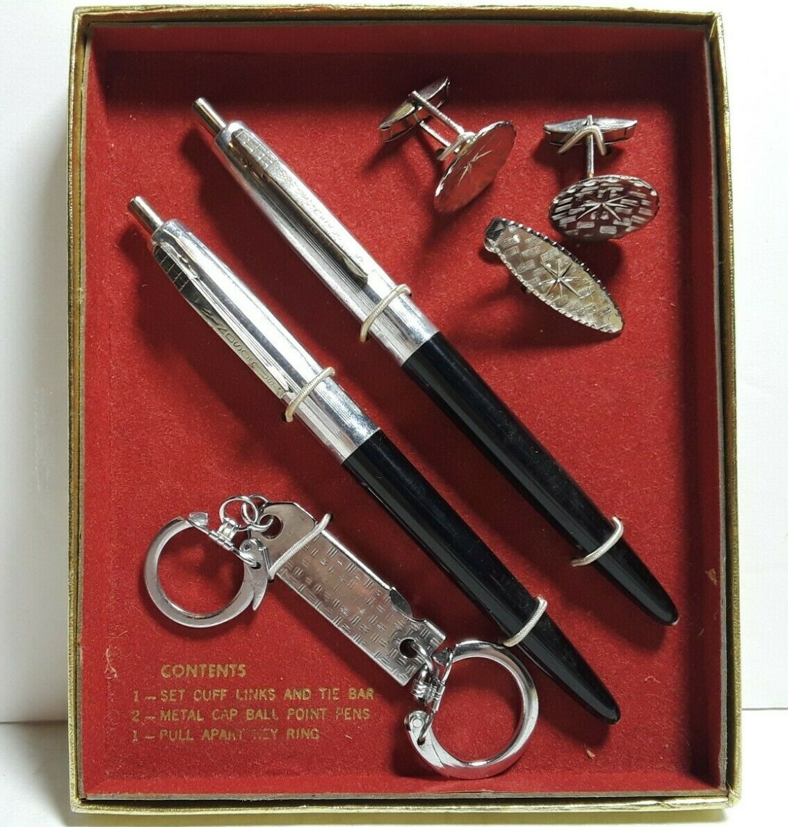 Vtg Windsor USA Gift Set 2 Ballpoint Pens Cuff Links Tie Bar Key Ring Silvertone