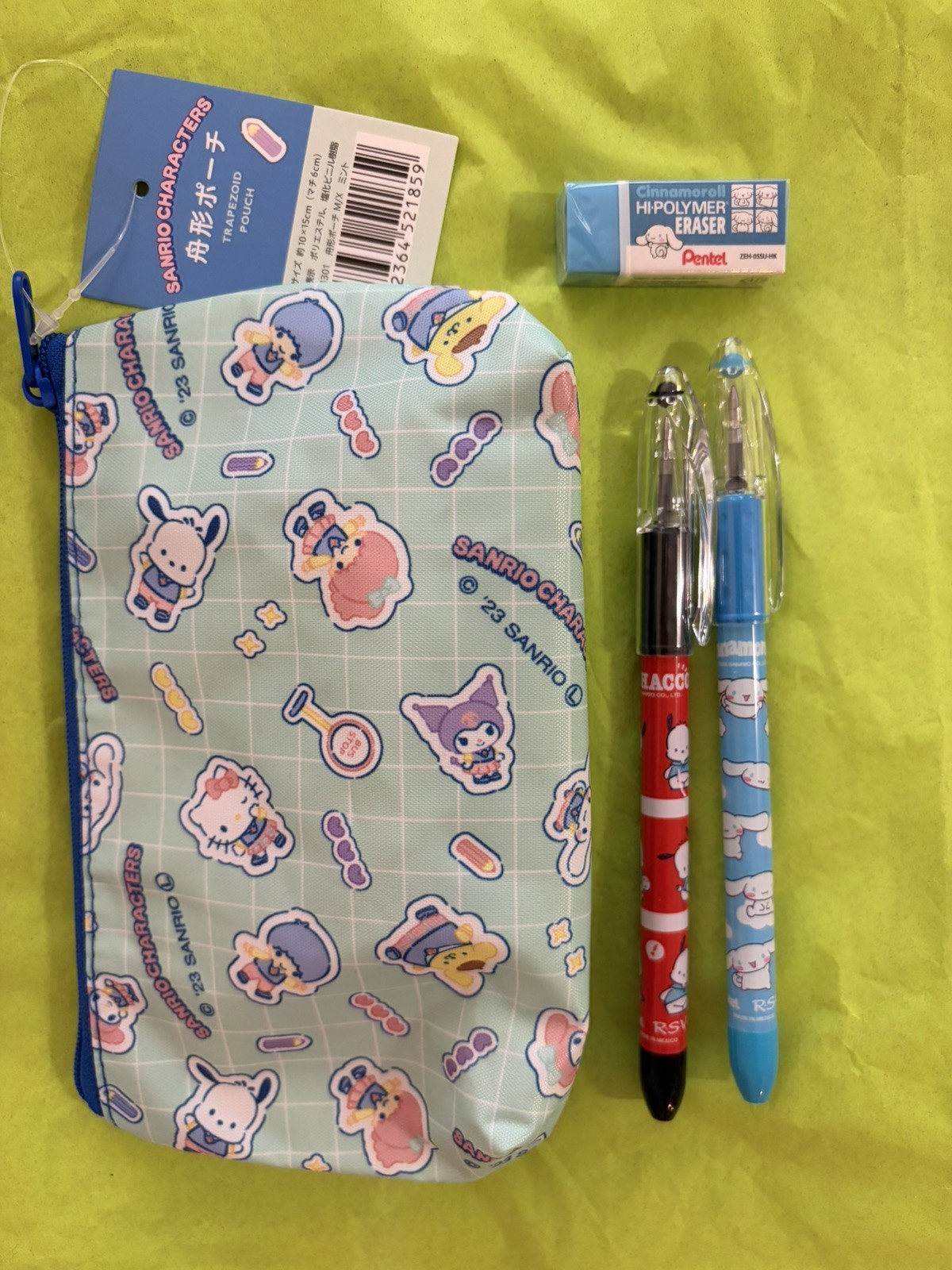 Sanrio & Pentel RSVP Ballpoint Pens, Eraser, Pouch NEW! Cinnamoroll Pochaco