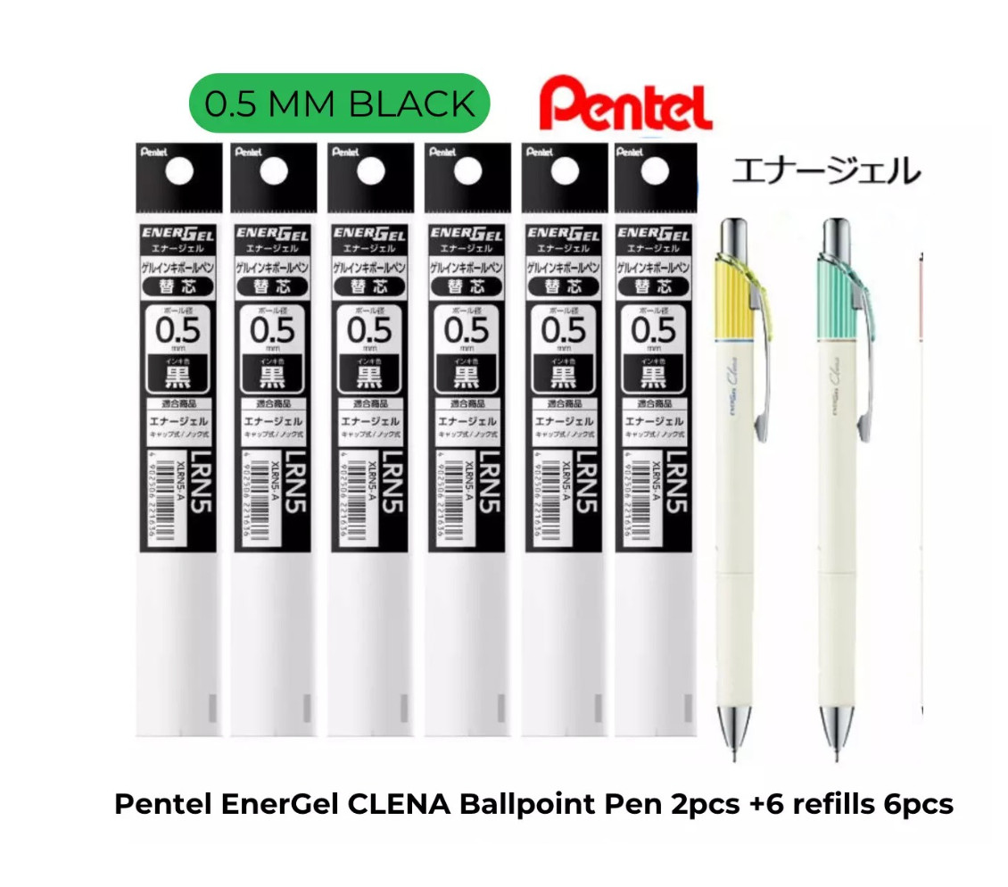 0.5mm Pentel EnerGel Clena BallPoint Pen 2pcs +Black Ink Rrefill (XLRN5-A)6pcs