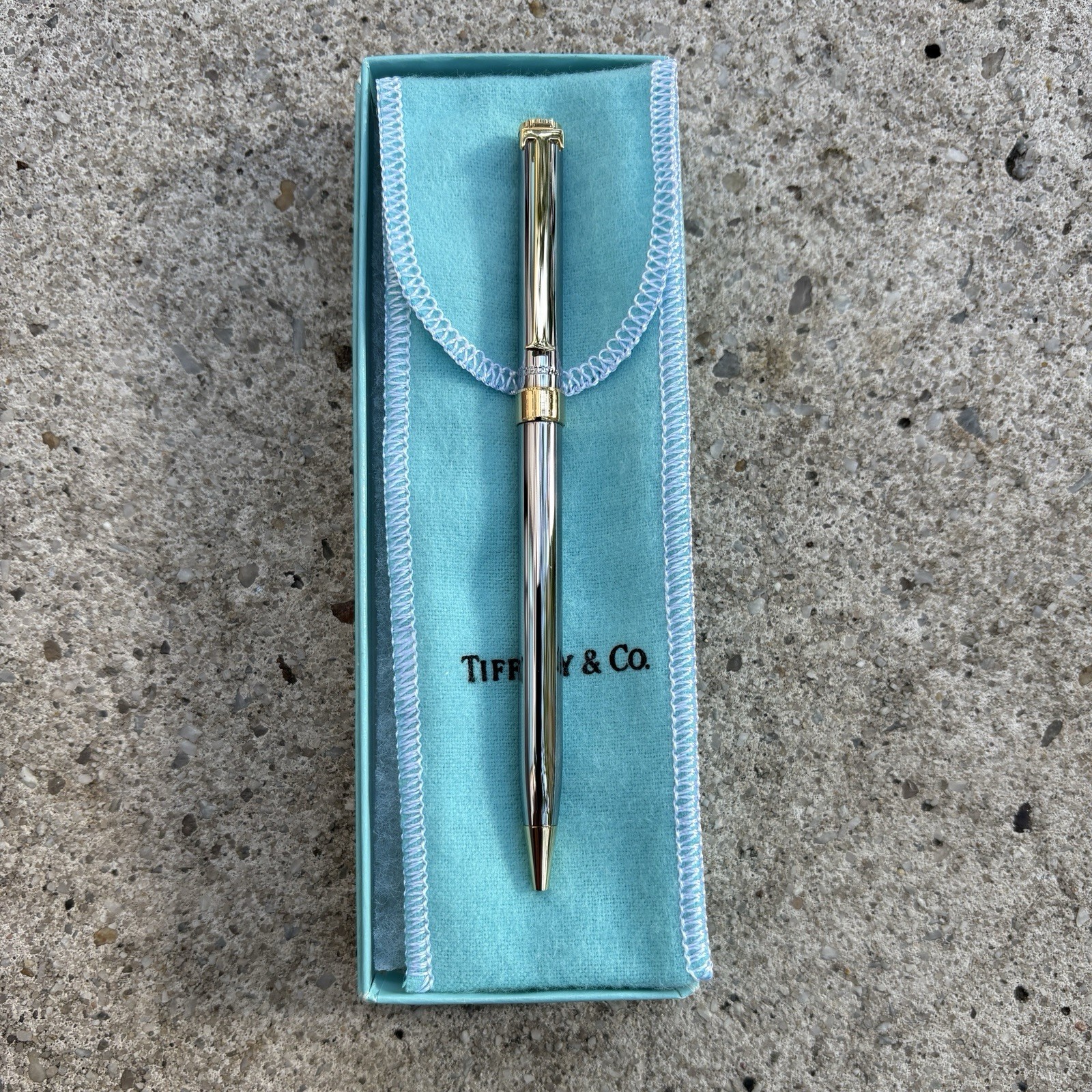 NWOT TIFFANY＆CO. Ballpoint Pen T Clip Silver & Gold Trim Box & Pouch