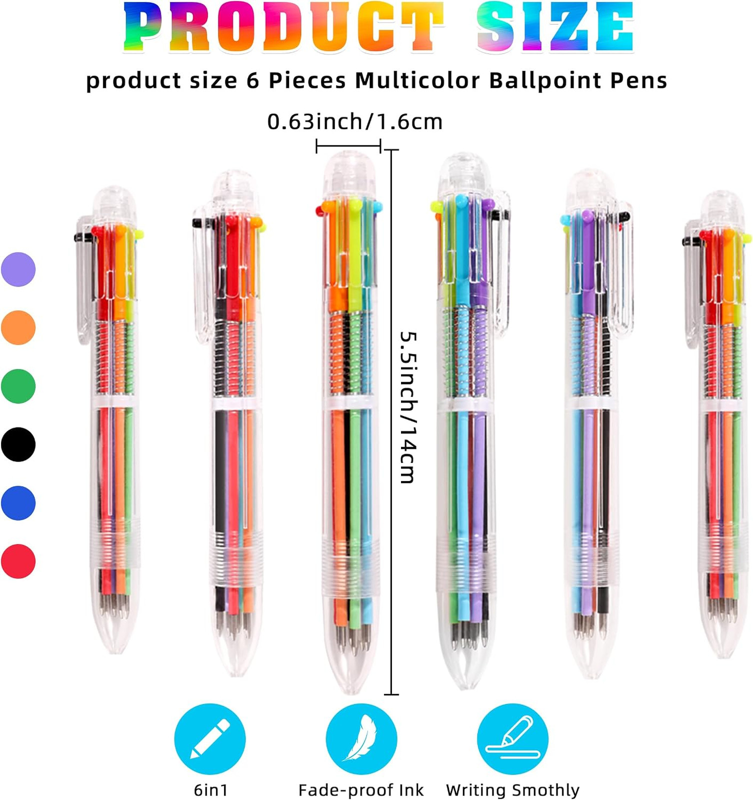 Ballpoint Pen Set 6 Pack Multicolor 0.5mm 6-in-1 Pens Writing and Drawing