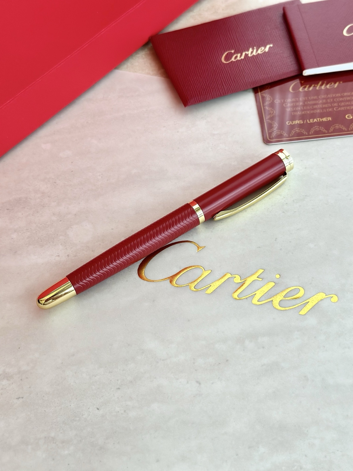 Cartier red striped ballpoint pen with box – luxury gift