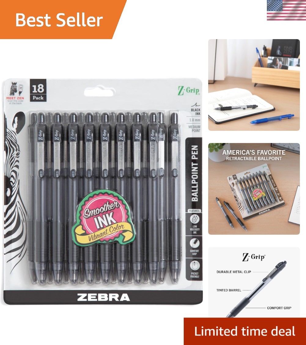 Value Pack Z-Grip Retractable Pens – 18 Black Ink, 1.0mm Medium Point, Ergonomic