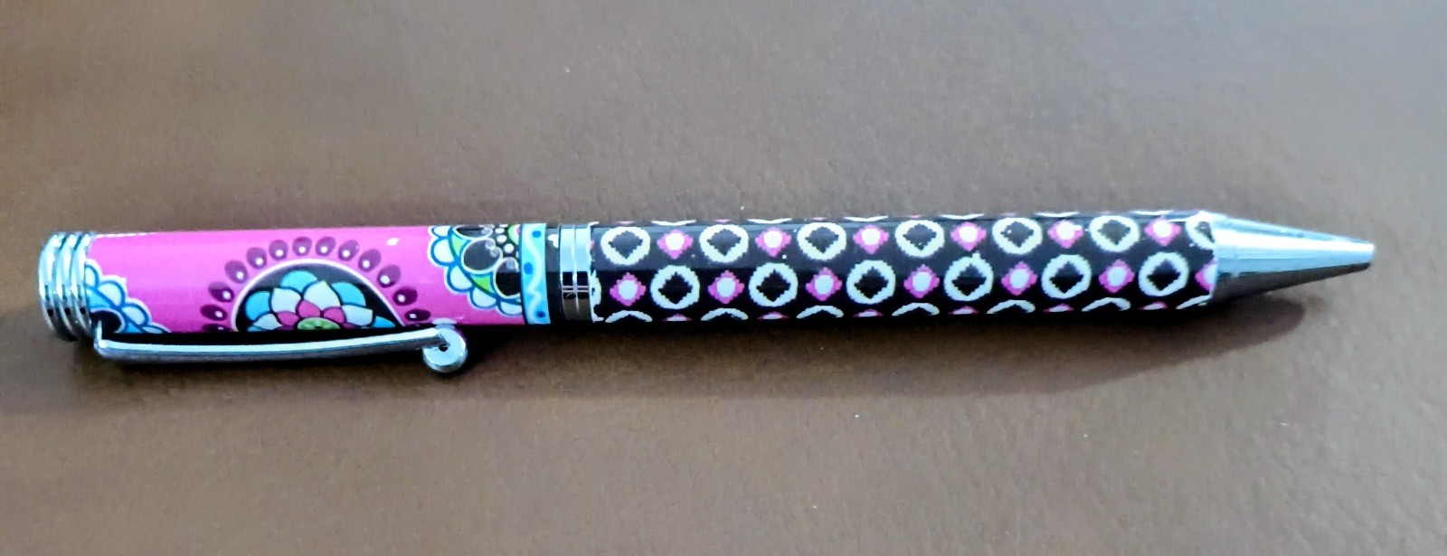 Vera Bradley Patterned Ballpoint Pen with Chrome Trim Pink Black Silver