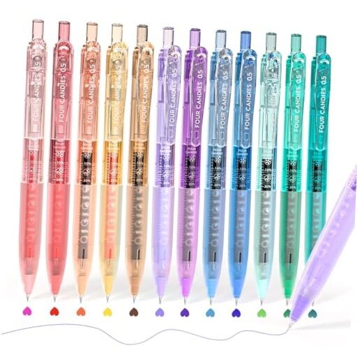 12Pack 0.5mm Quick Dry Retractable Gel Pen Set, Cute Multicolor Ink
