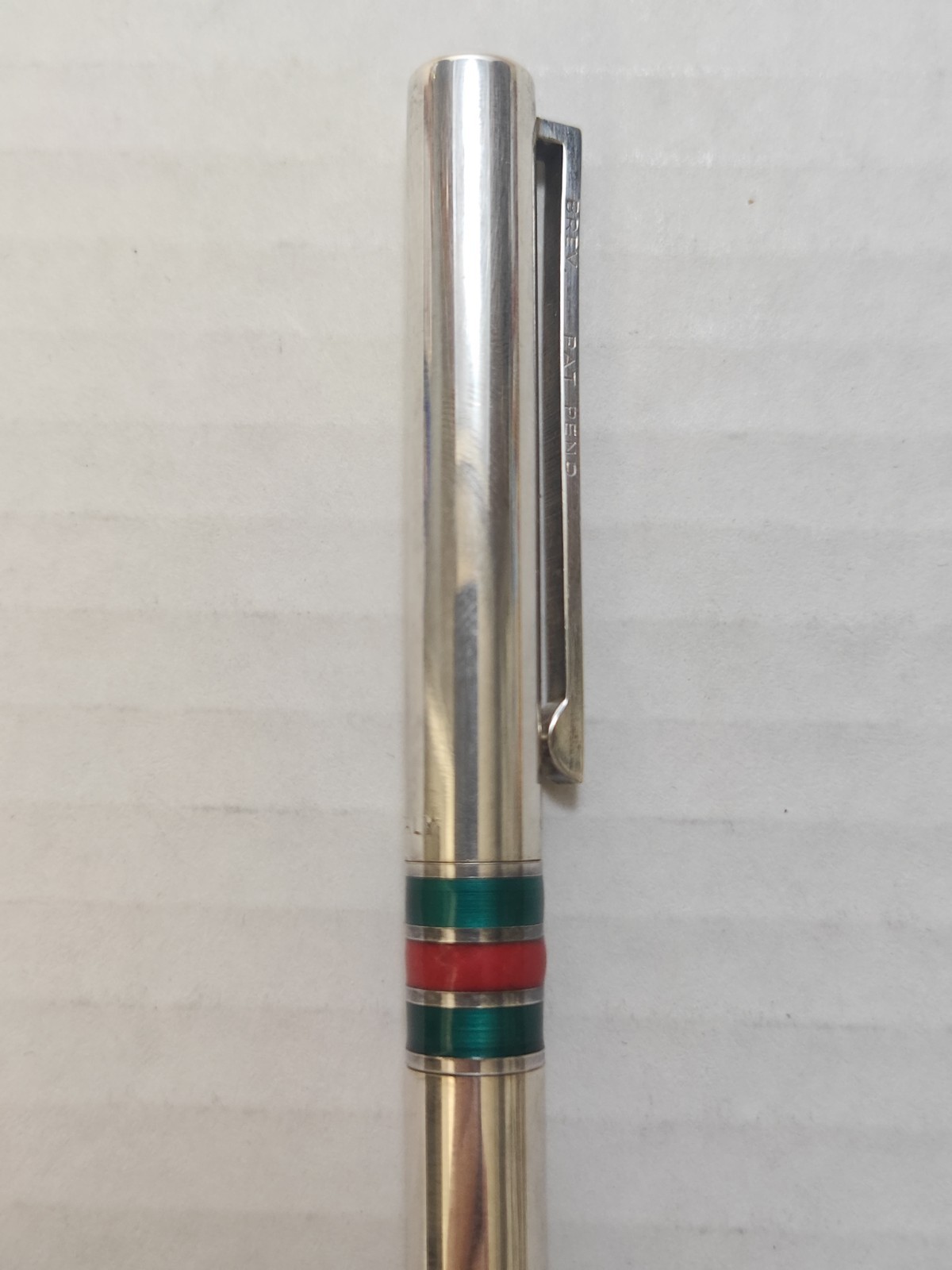Vintage 1970’s Gucci Sterling Silver Red Green Enamel Stripes Pen W/ Box Italy